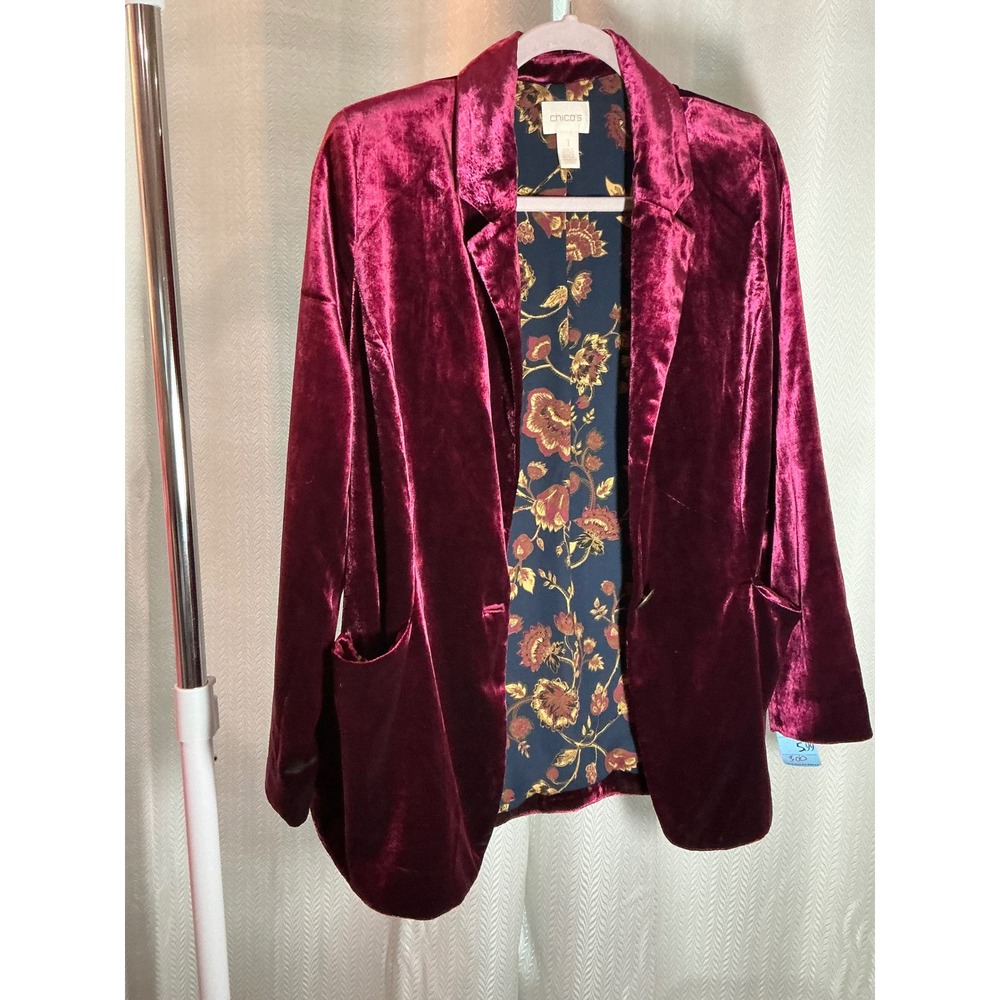 Chicos Velvet Blazer Jacket Womens Red Floral Lined Party Career Elegant